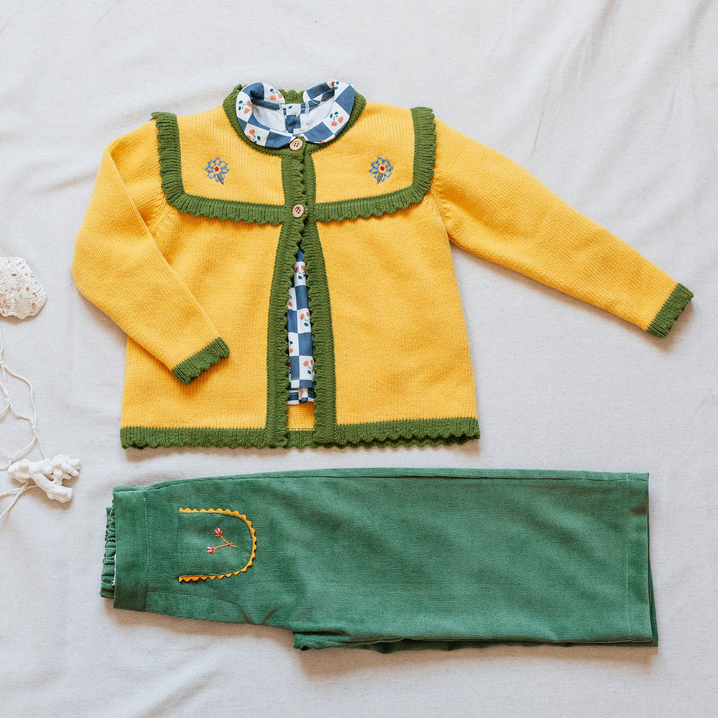 Olive corduroy embroidered bell bottom pants