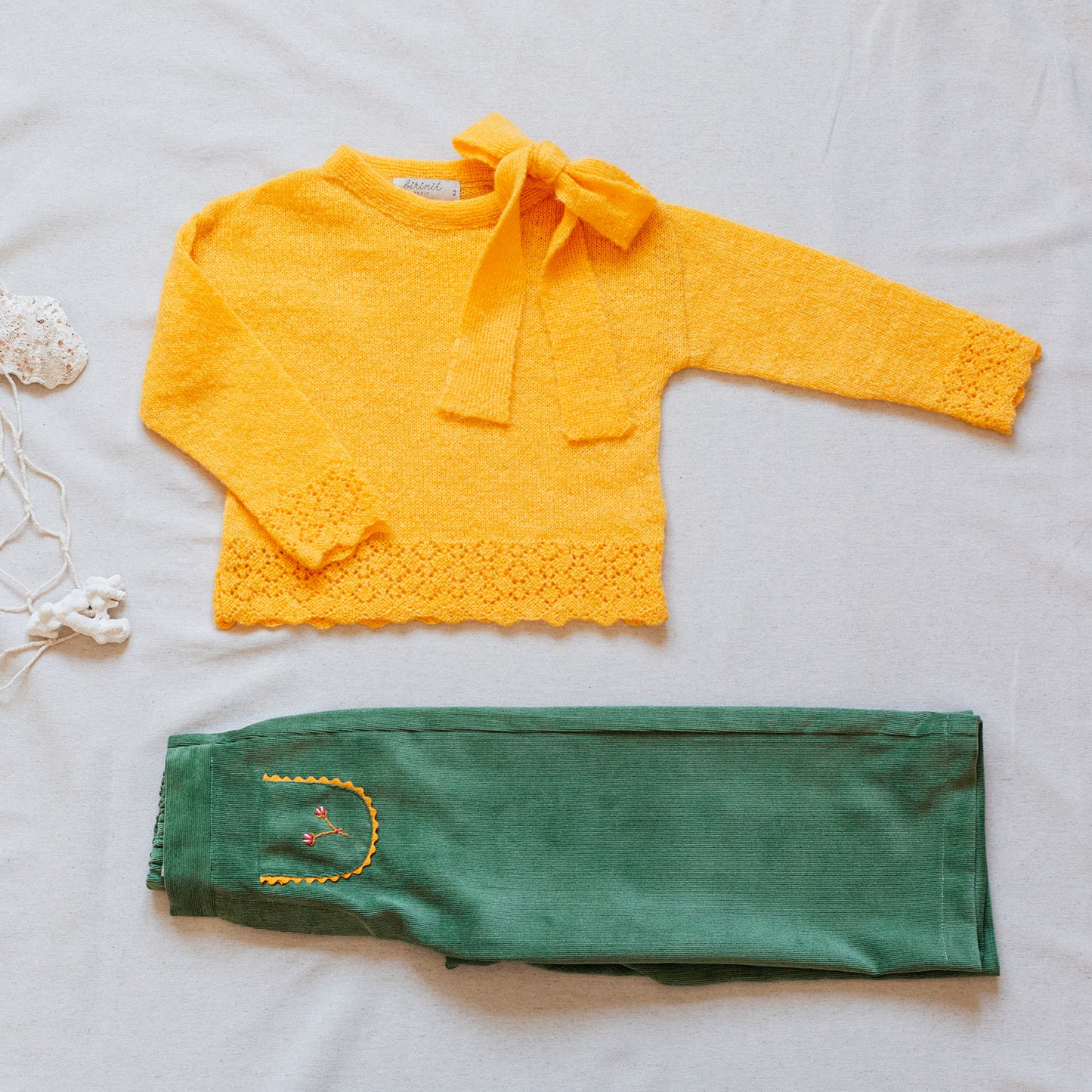 Olive corduroy embroidered bell bottom pants