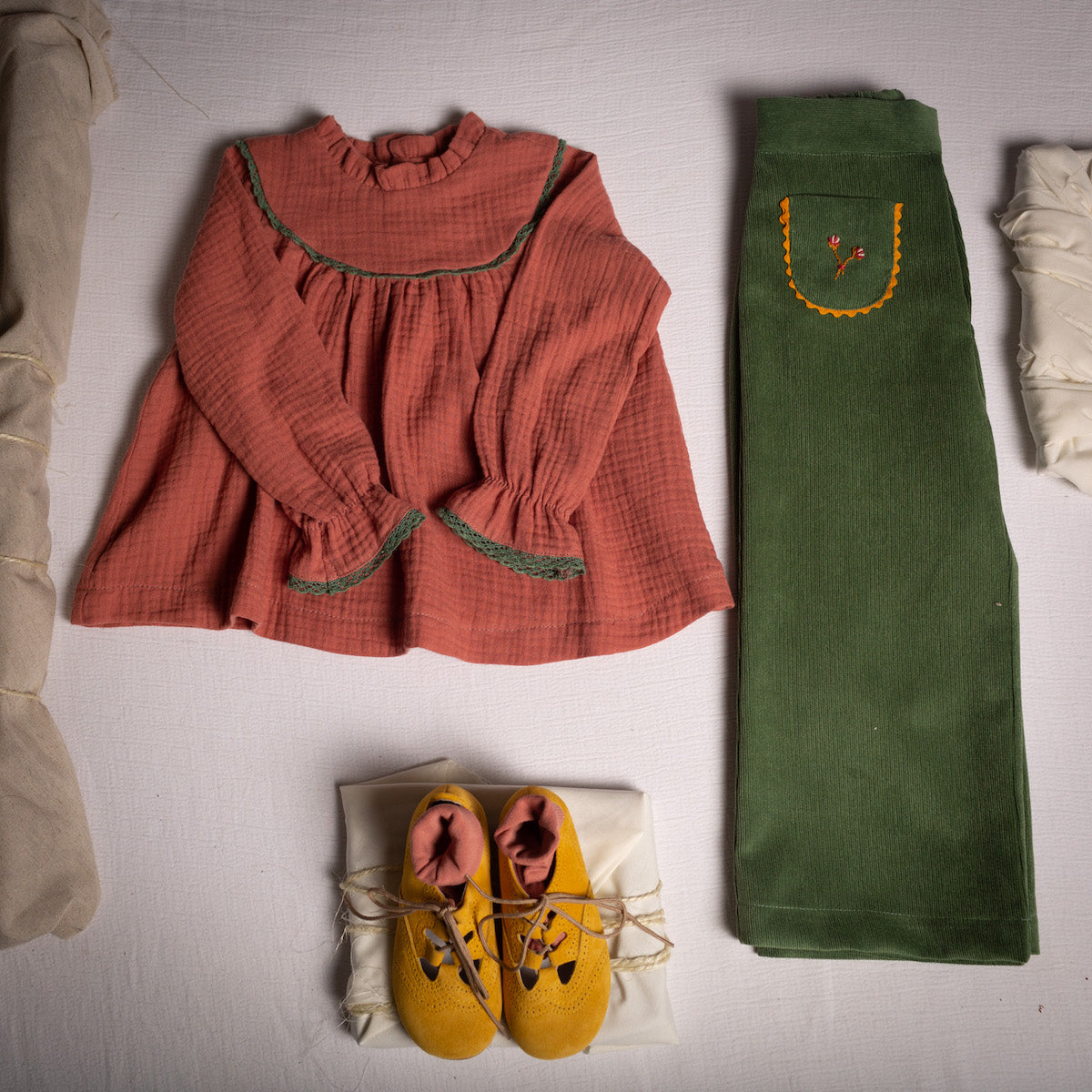 Olive corduroy embroidered bell bottom pants