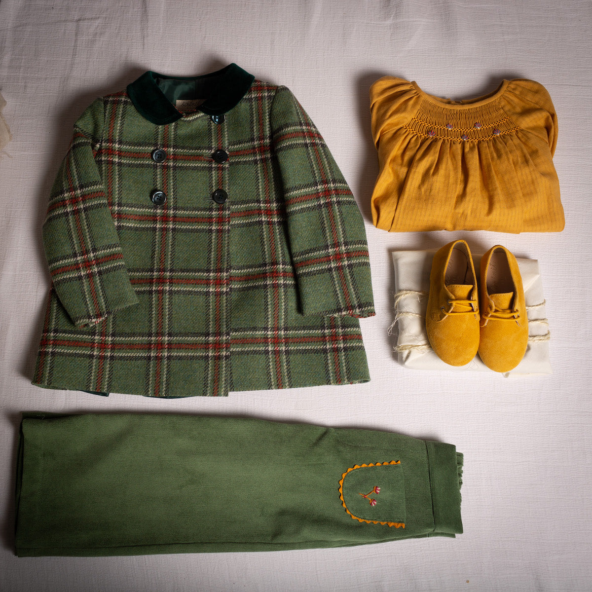 Olive corduroy embroidered bell bottom pants