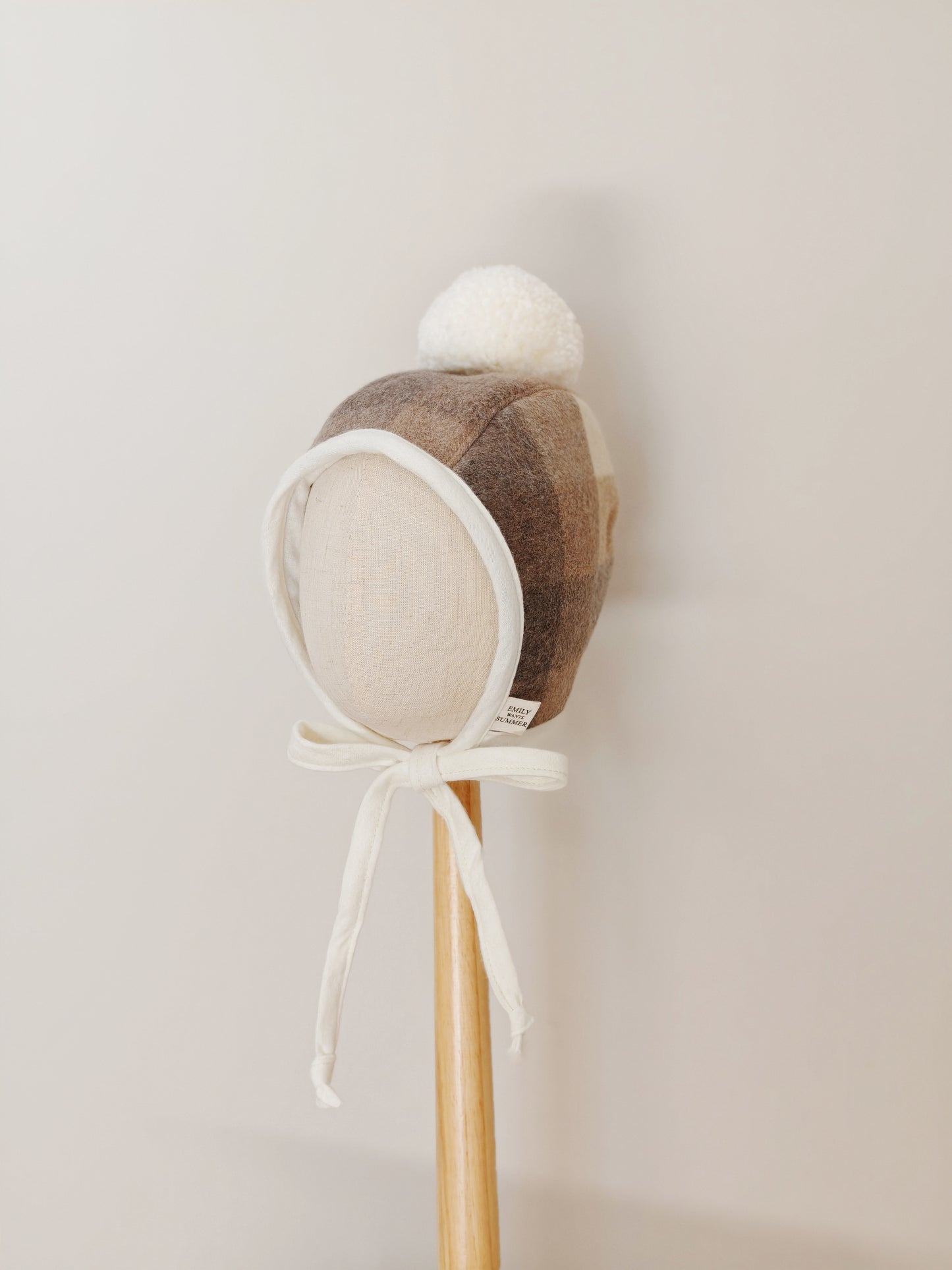 Baby Wool Check Pom Pom Bonnet - Brown Check