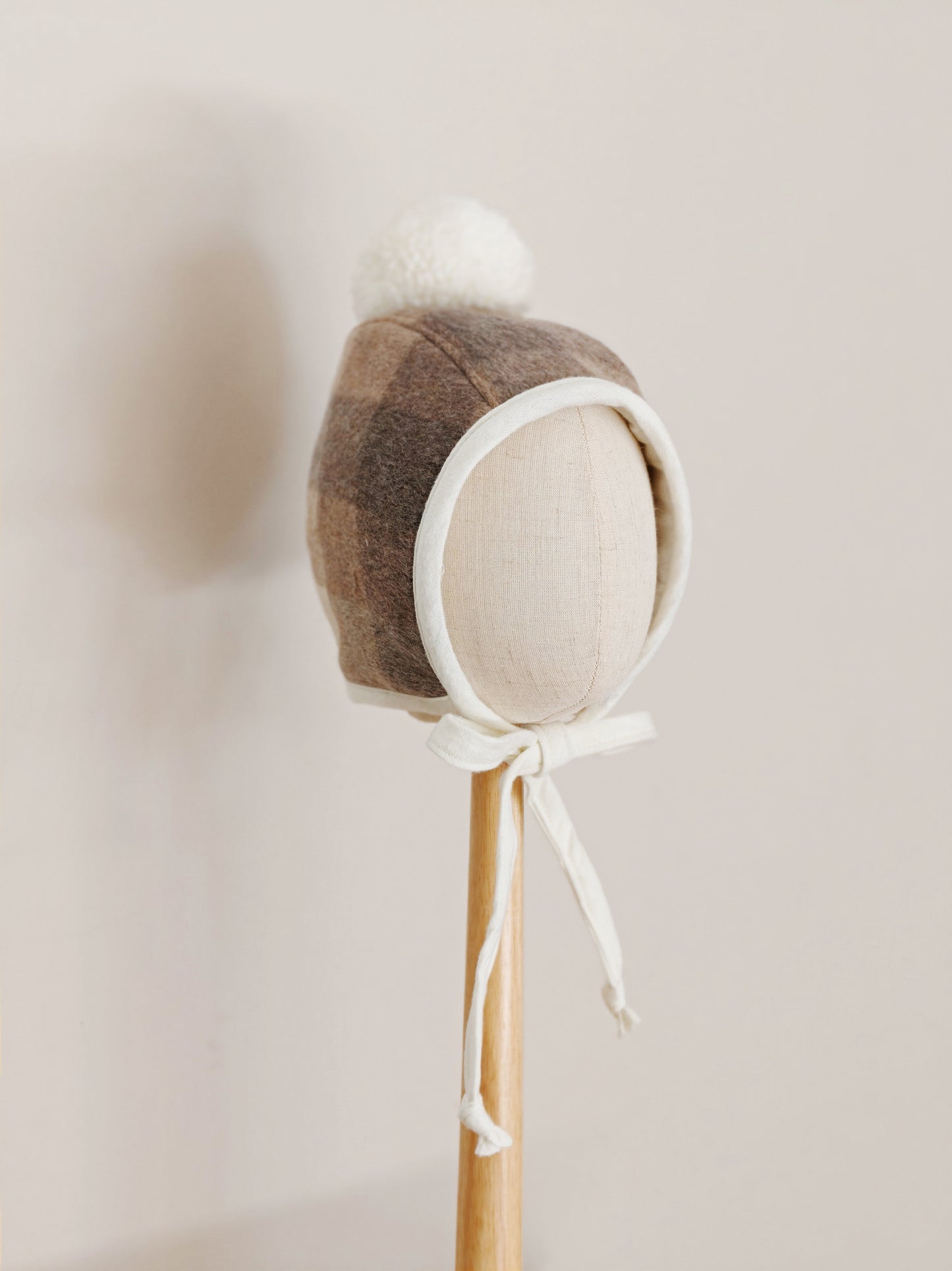 Baby Wool Check Pom Pom Bonnet - Brown Check