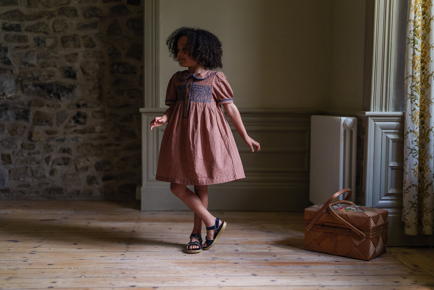 Elizabeth Dress Tiny Check in Tea Rose
