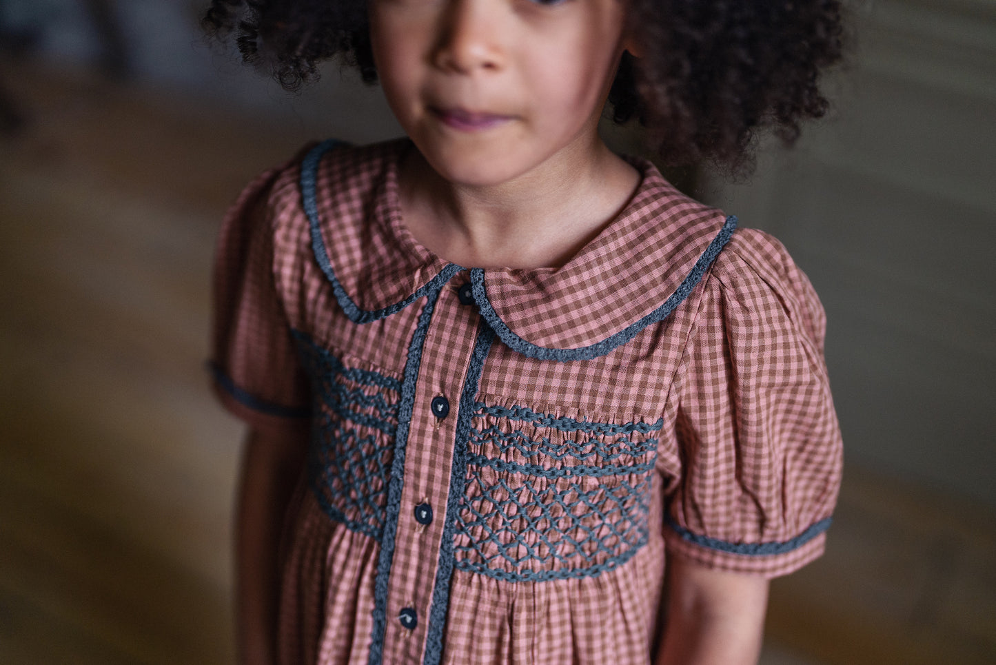 Elizabeth Dress Tiny Check in Tea Rose