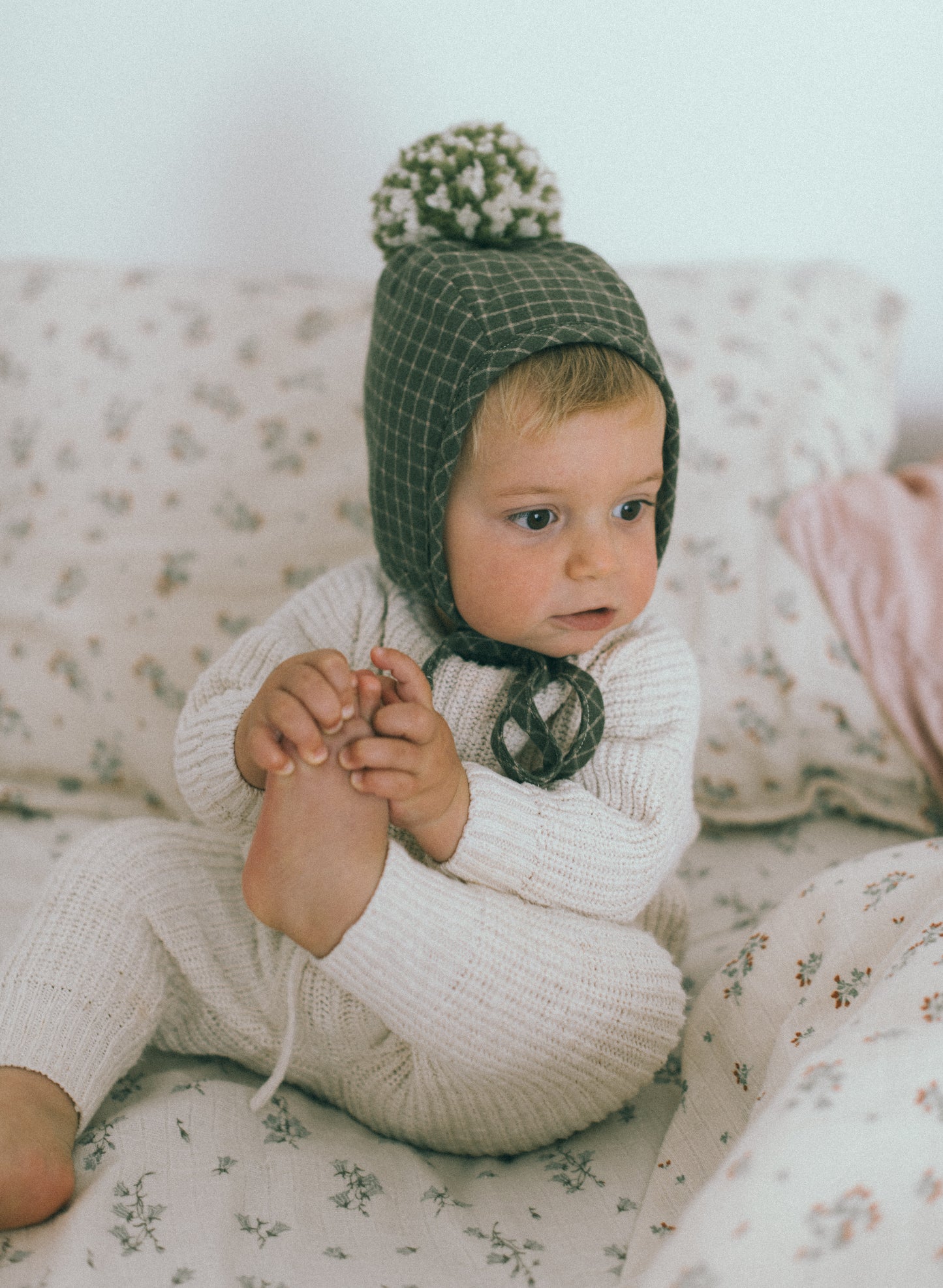 Baby Cotton Wintery Pom Pom Bonnet - Deep Forest