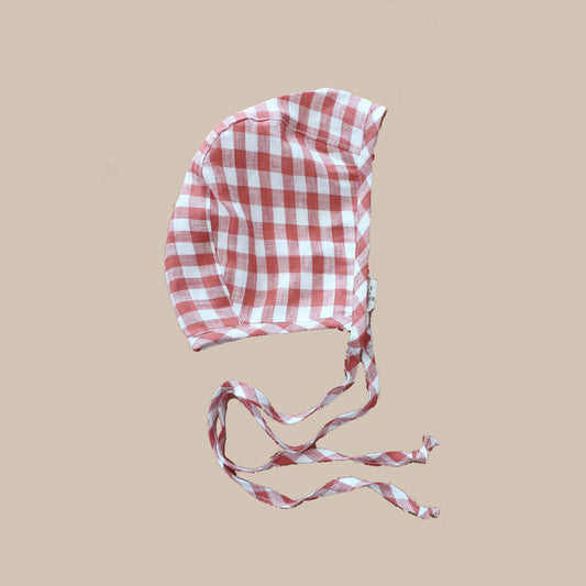 Handmade Linen Baby Bonnet - Red Gingham