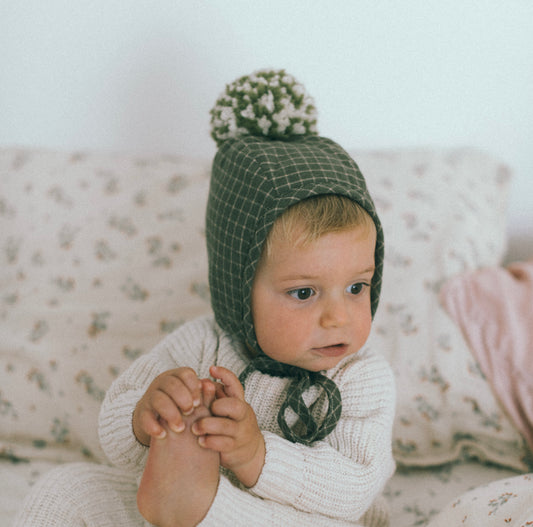 Baby Cotton Wintery Pom Pom Bonnet - Deep Forest