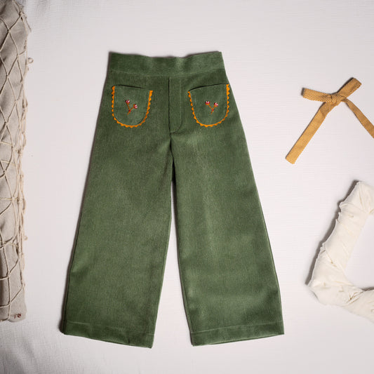 Olive corduroy embroidered bell bottom pants