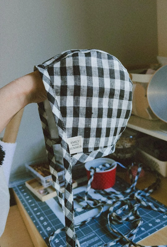 Handmade Linen Baby Bonnet - Black Gingham