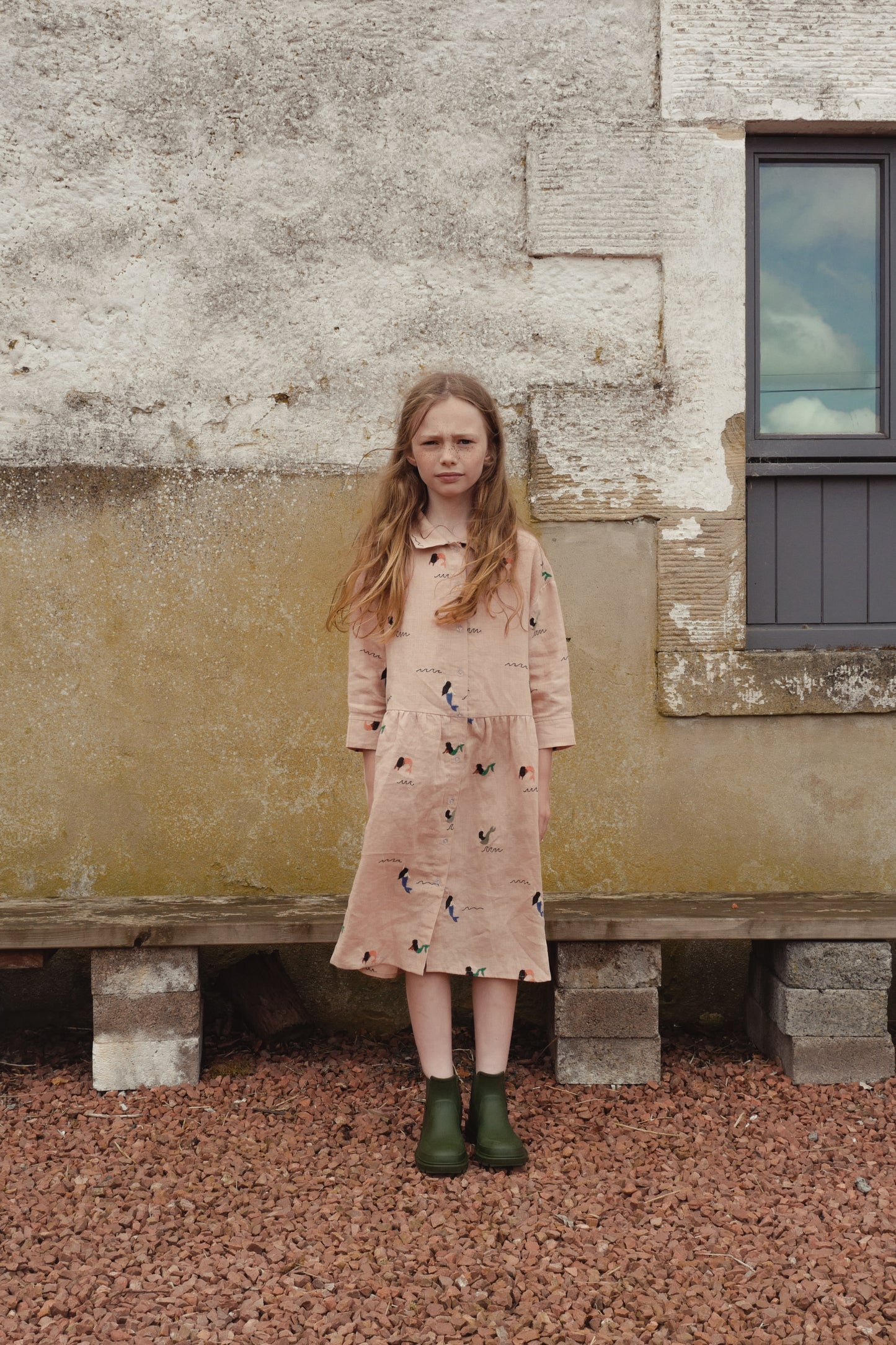 【2-3Y Only few left】ALLOVER EMBROIDERY MERMAID DRESS/DUSTY PINK