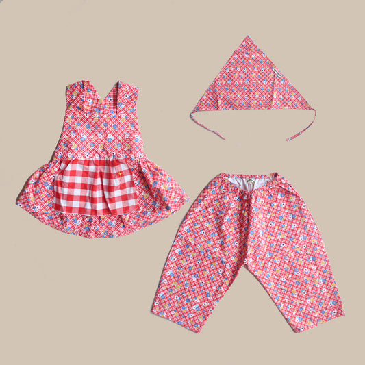 Bandana,Apron,pants 3Set/Red Floral
